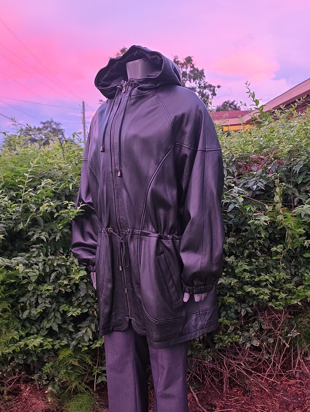 Charles Klein Woman Black Hooded Genuine Leather Coat Drawstring/Zip Closure